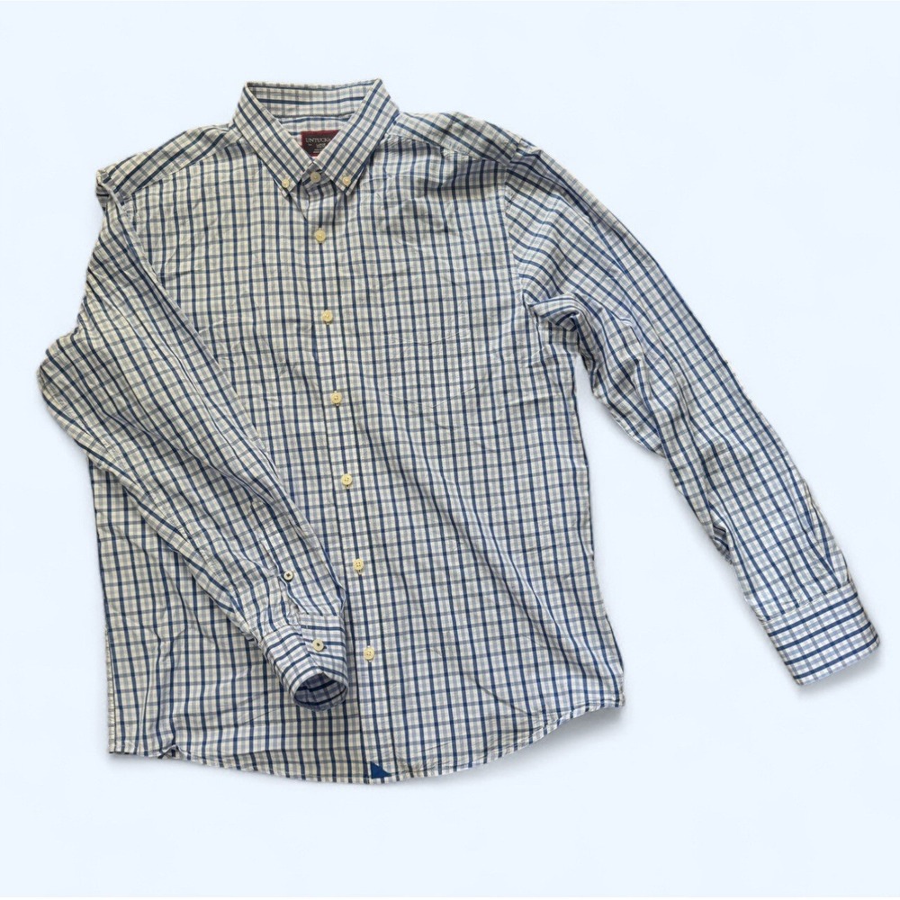 Untuckit Men's Large Slim Fit Plaid Button Down Shirt Blue White Cotton Casual